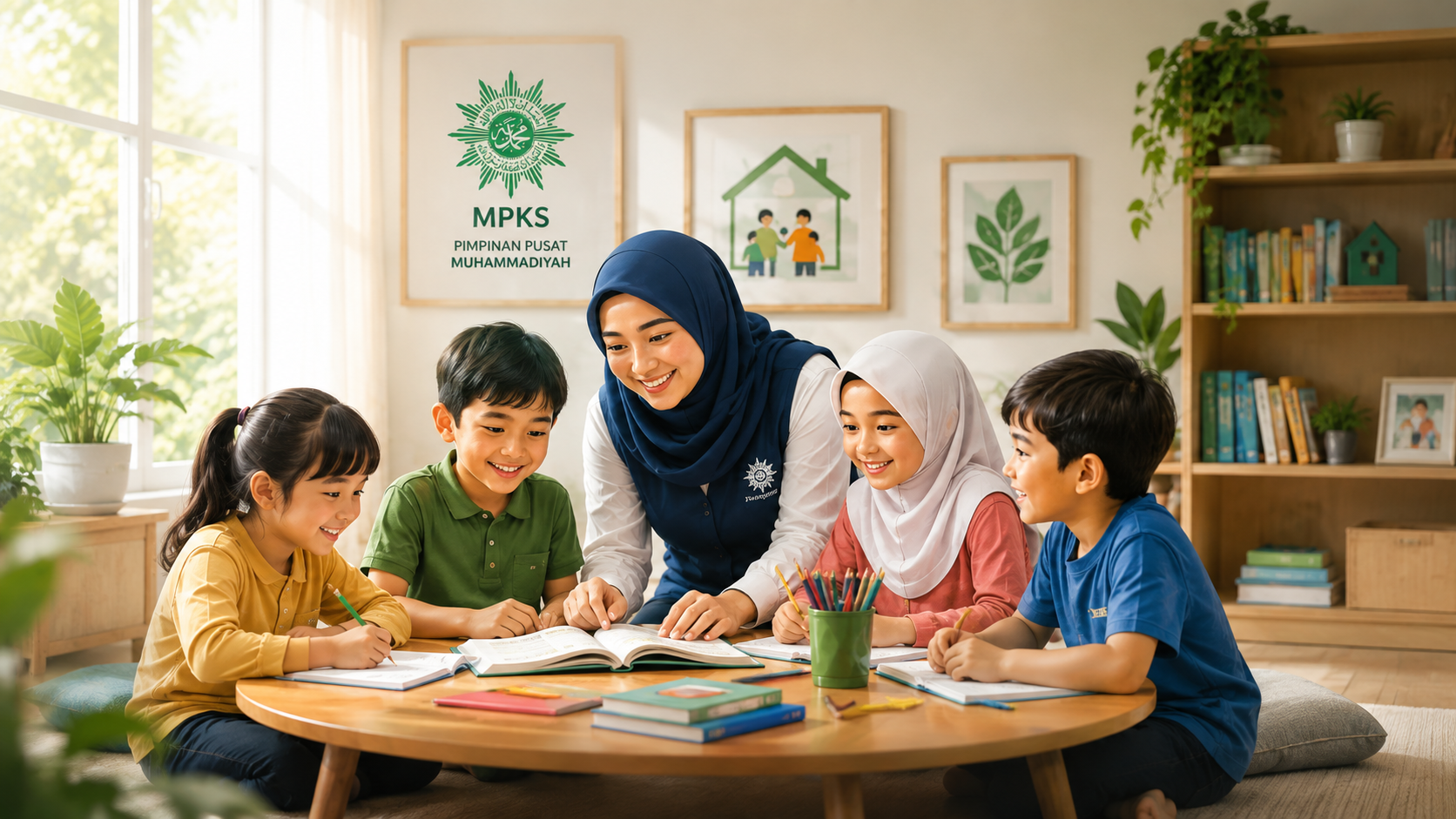 Ilustrasi pengasuh dan anak-anak dalam suasana belajar dan pengasuhan